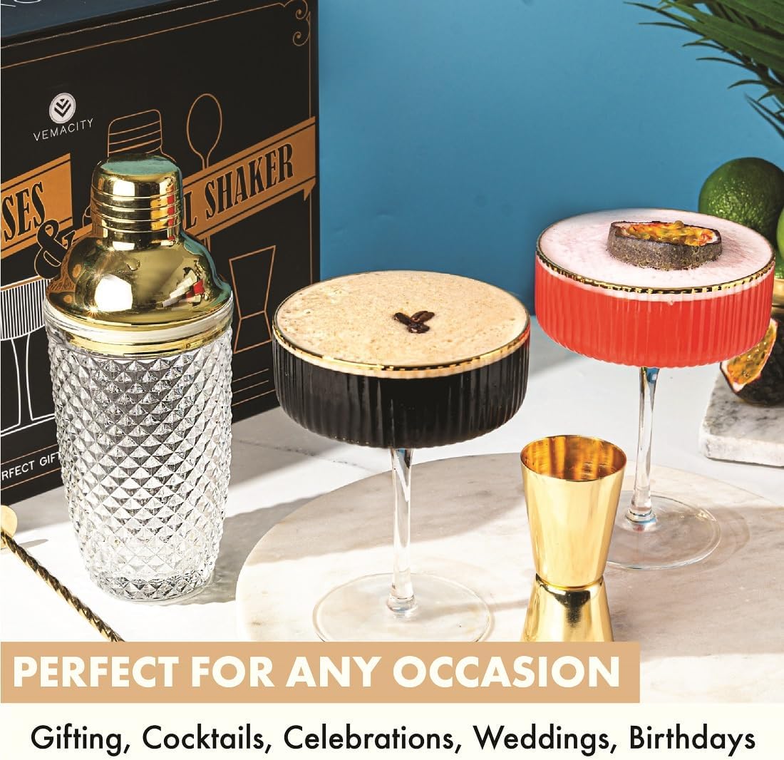 Luxury Espresso Martini Gifts | Gold Cocktail Shaker Set + 2 Espresso Martini Glasses - Cocktail Kit with Built-in