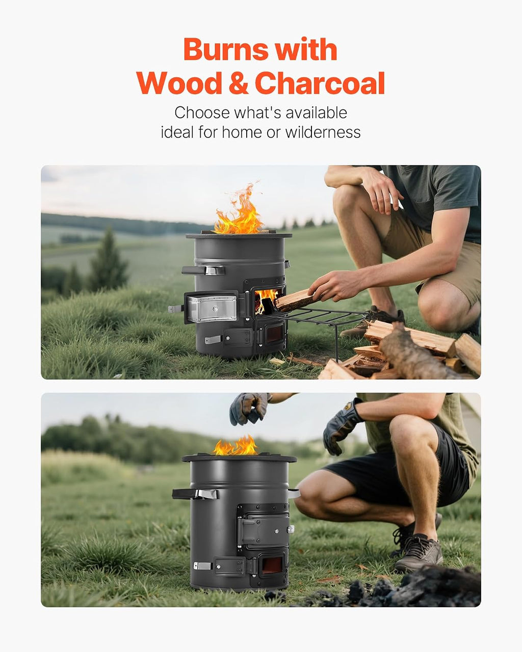 Camping Rocket Stove, Wood Burning Portable Rocket Stove with Carrying Bag for Backpacking, SPCC Steel, Double Door