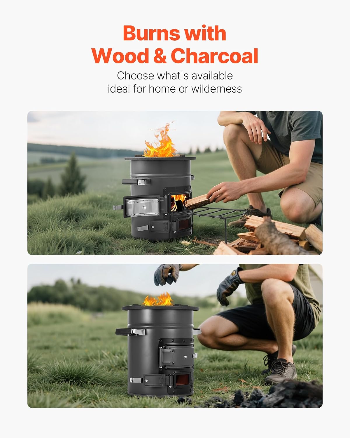 Camping Rocket Stove, Wood Burning Portable Rocket Stove with Carrying Bag for Backpacking, SPCC Steel, Double Door