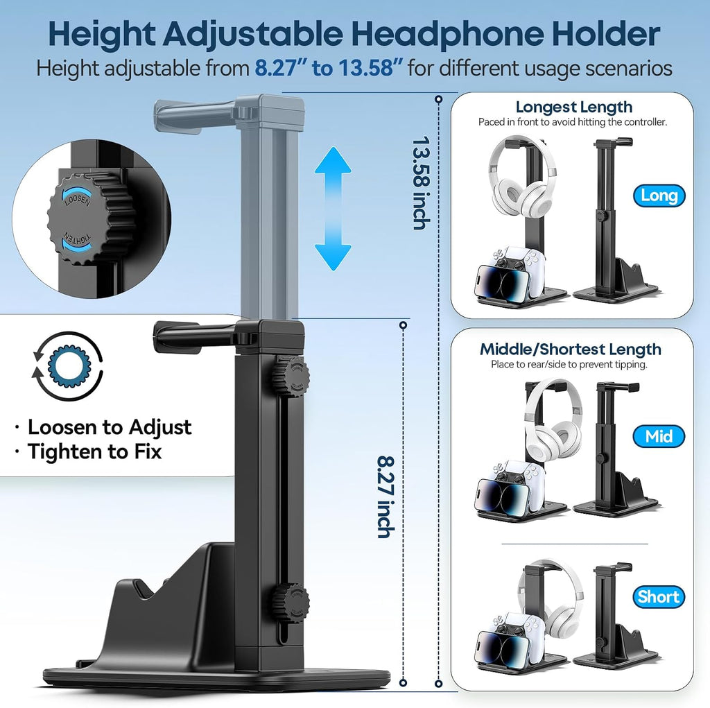 Gaming Headset & Controller Stand, Rotating Headphone Storage with Controller & Phone Holder, Game Desk Storage with