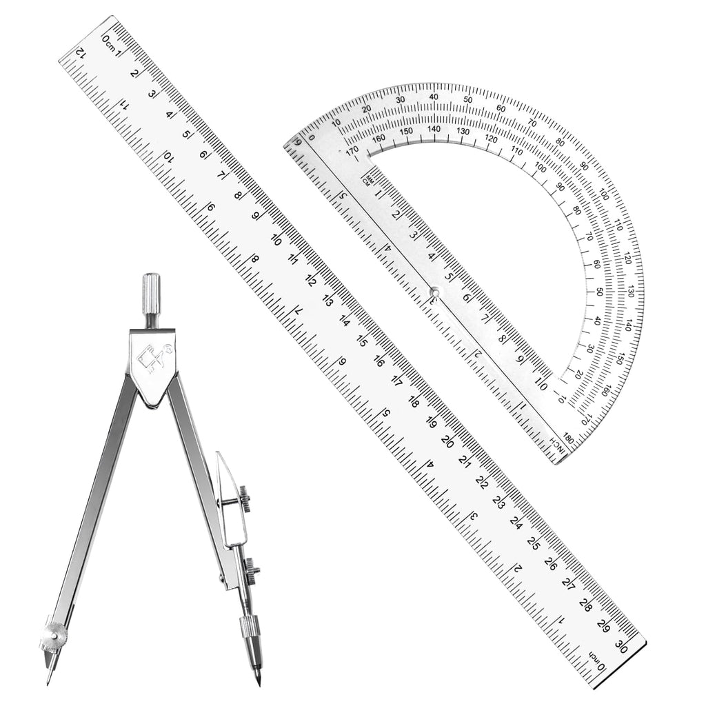 3 Packs Plastic 12 Inch Ruler,6 Inch Clear Protractor and Compasses Set Student Geometry Math Set for Classroom Set