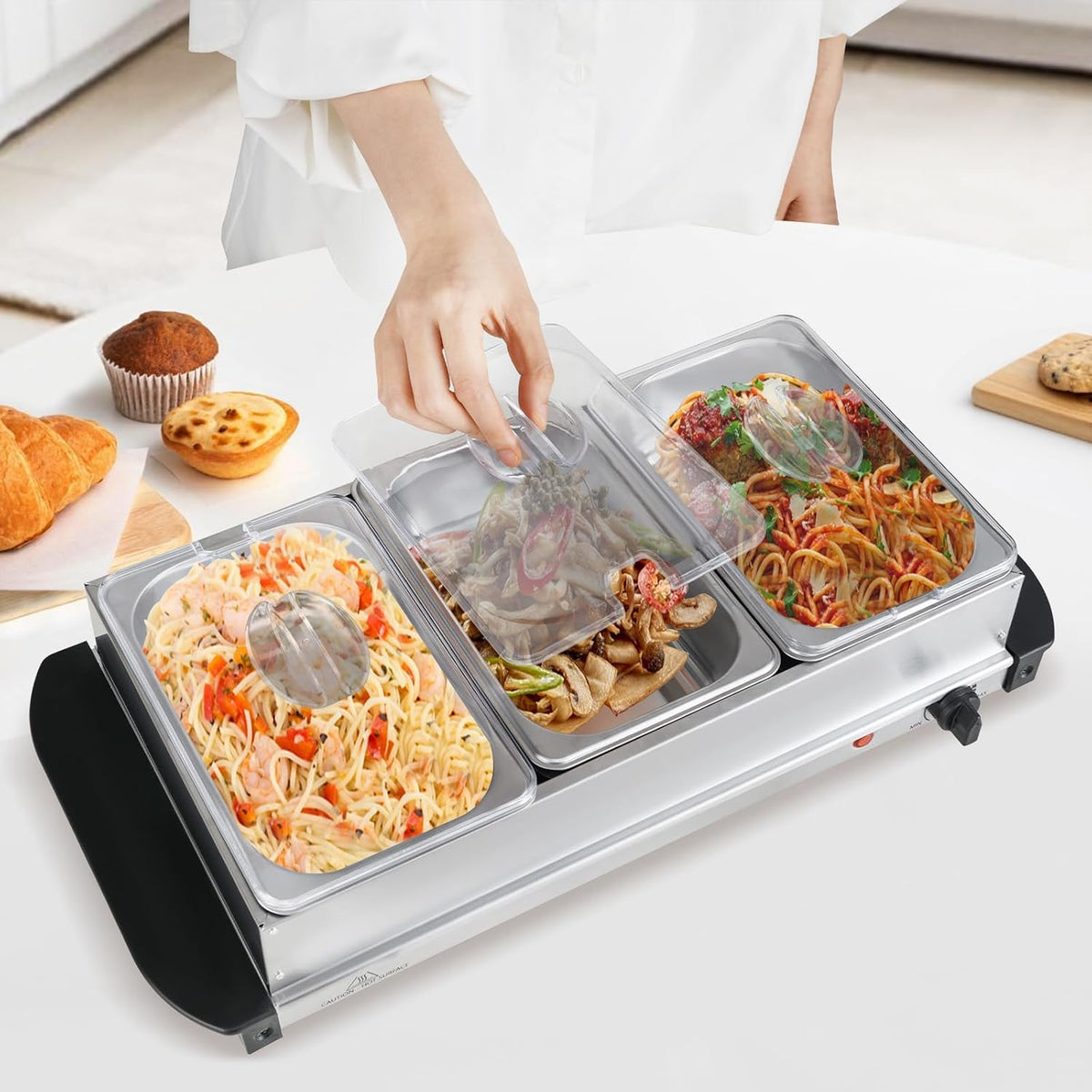 Electric Buffet Server & Warming Tray, 3 Stainless Steel Pans with Lids, Adjustable Temperature, Dishwasher Safe