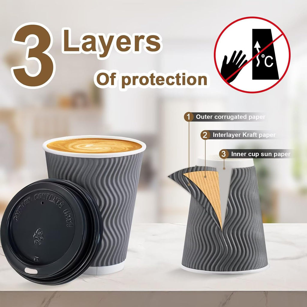 100 Pack 12 oz Coffee Cups with Lids Disposable Paper Cups Gray