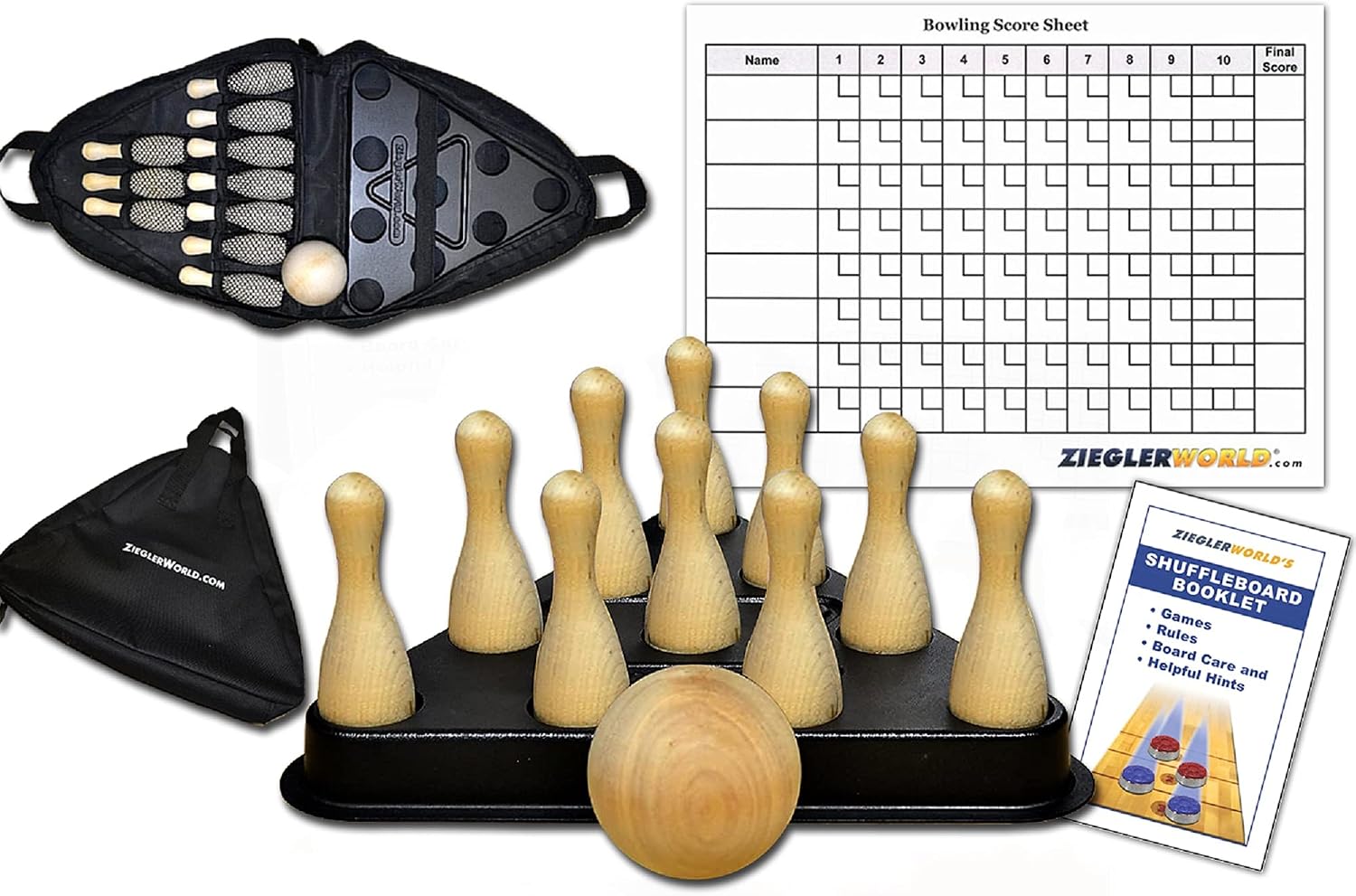 Table Shuffleboard Bowling Brown Pins - Pinsetter - Rules Booklet - Score Chart - Carrier Bag & Wood Ball