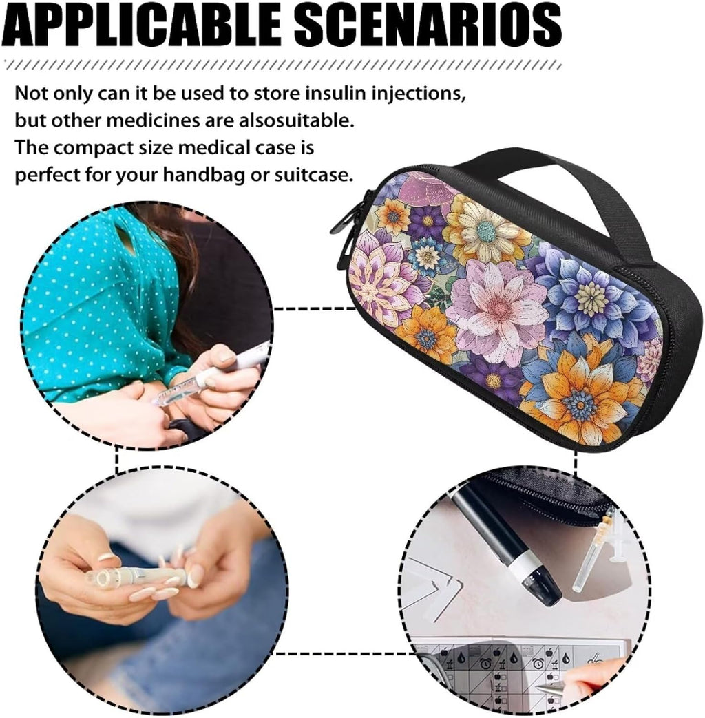 Bohemian Flower Diabetic Supplies Bag Carrying Case Organizer For Diabetes Testing Kit, Blood Glucose Monitor Kit