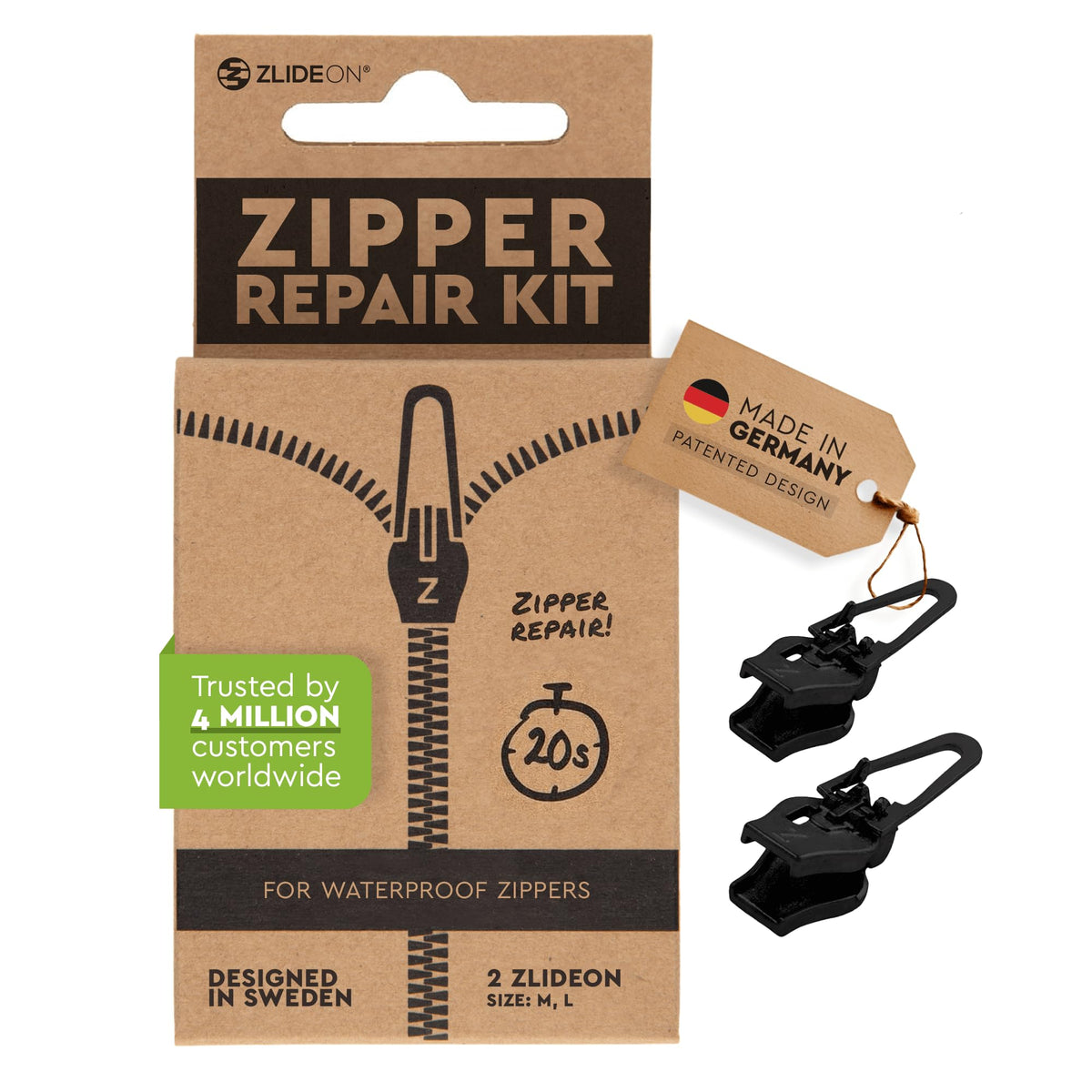 Zipper Repair Kit for Waterproof Zippers Multipack 2pcs - Black (L)
