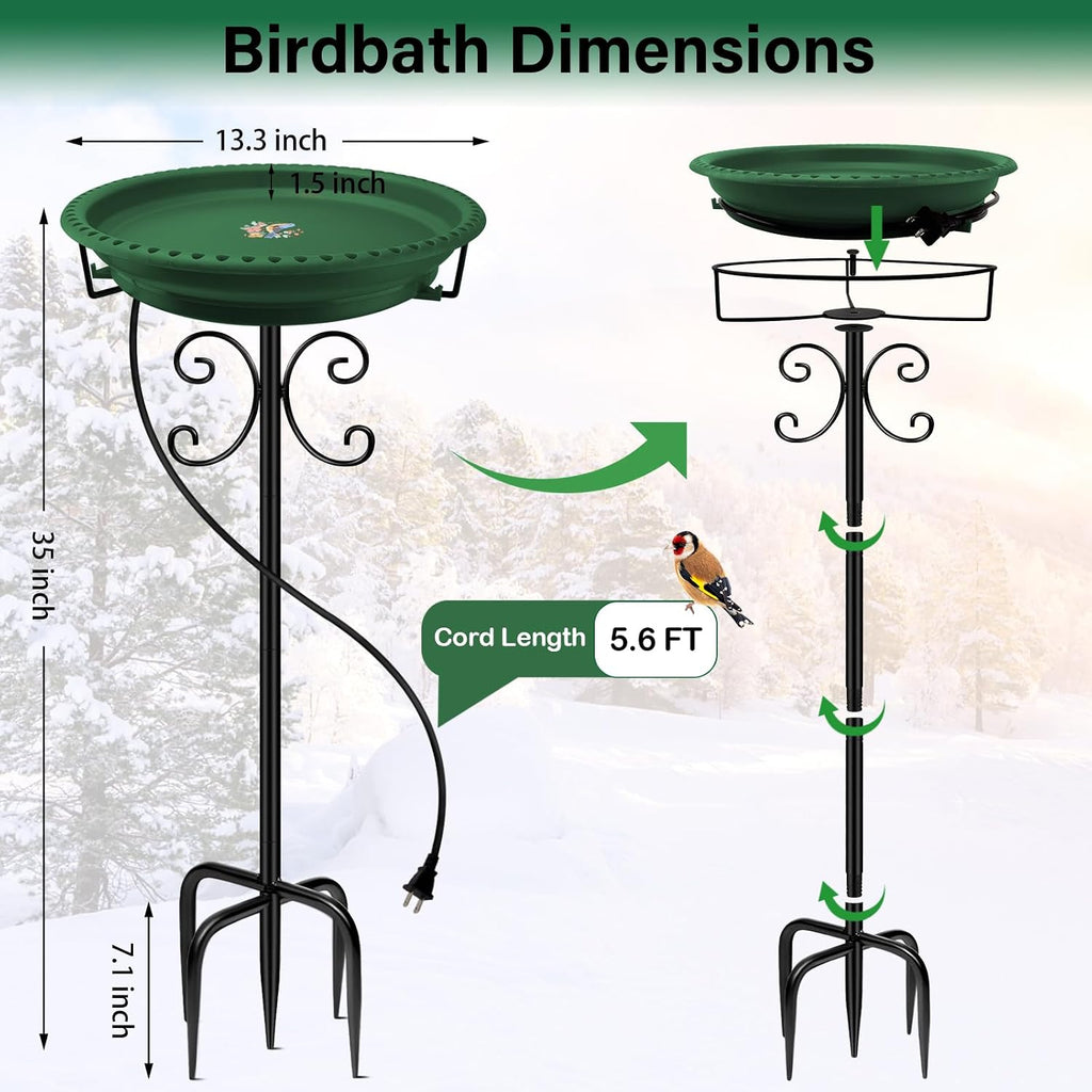 100W Heated Bird Baths for Outdoors, Winter Heated Birdbath, Green