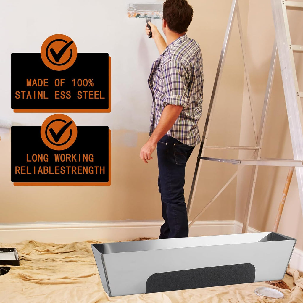 14" Stainless Steel Mud Pan,Anti-slip Base,Sheared Sides to Clean Knives, Hold Joint Compound, Drywall and Plaster