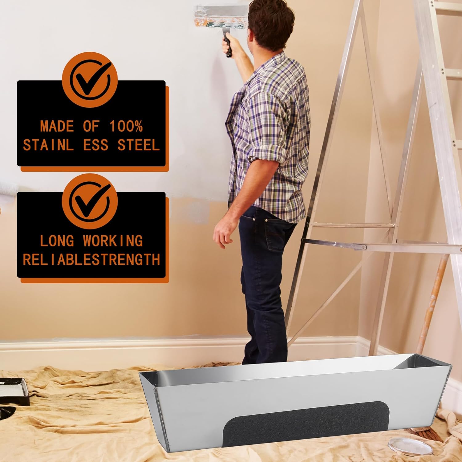 14" Stainless Steel Mud Pan,Anti-slip Base,Sheared Sides to Clean Knives, Hold Joint Compound, Drywall and Plaster