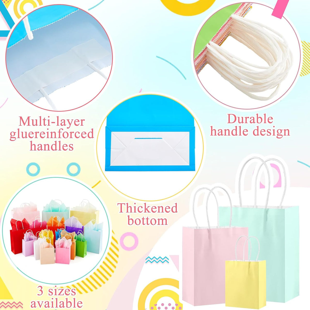 208 Pcs Gift Bags Bulk Assorted Sizes with Handles, 48 Pack 3 Sizes (Small 6", Medium 9", Large 13") with 160 Tissue