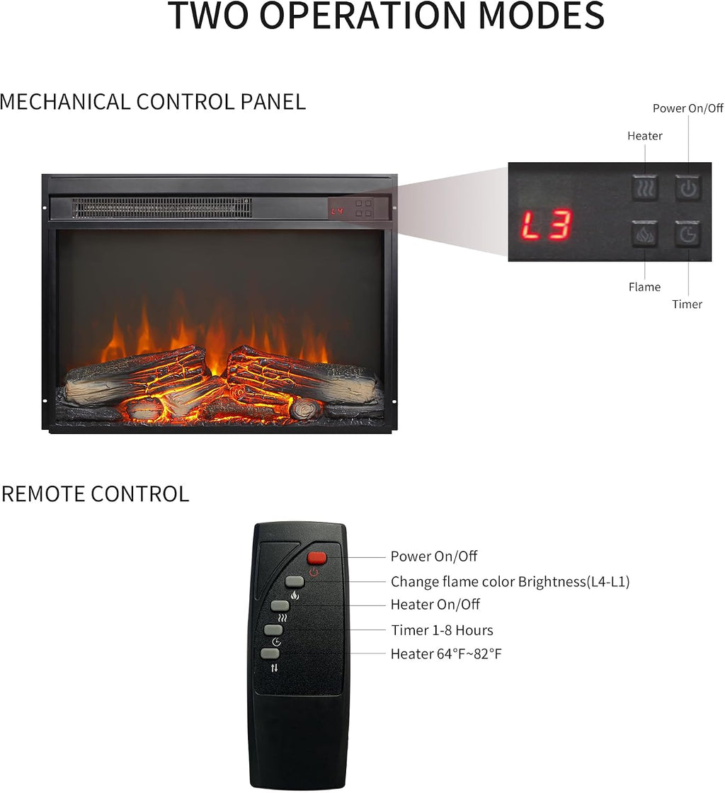 23" Electric Fireplace Insert with Real Fire Crackling Sound, Adjustable Flame & Thermostat, 1400W, 4 Adjustable