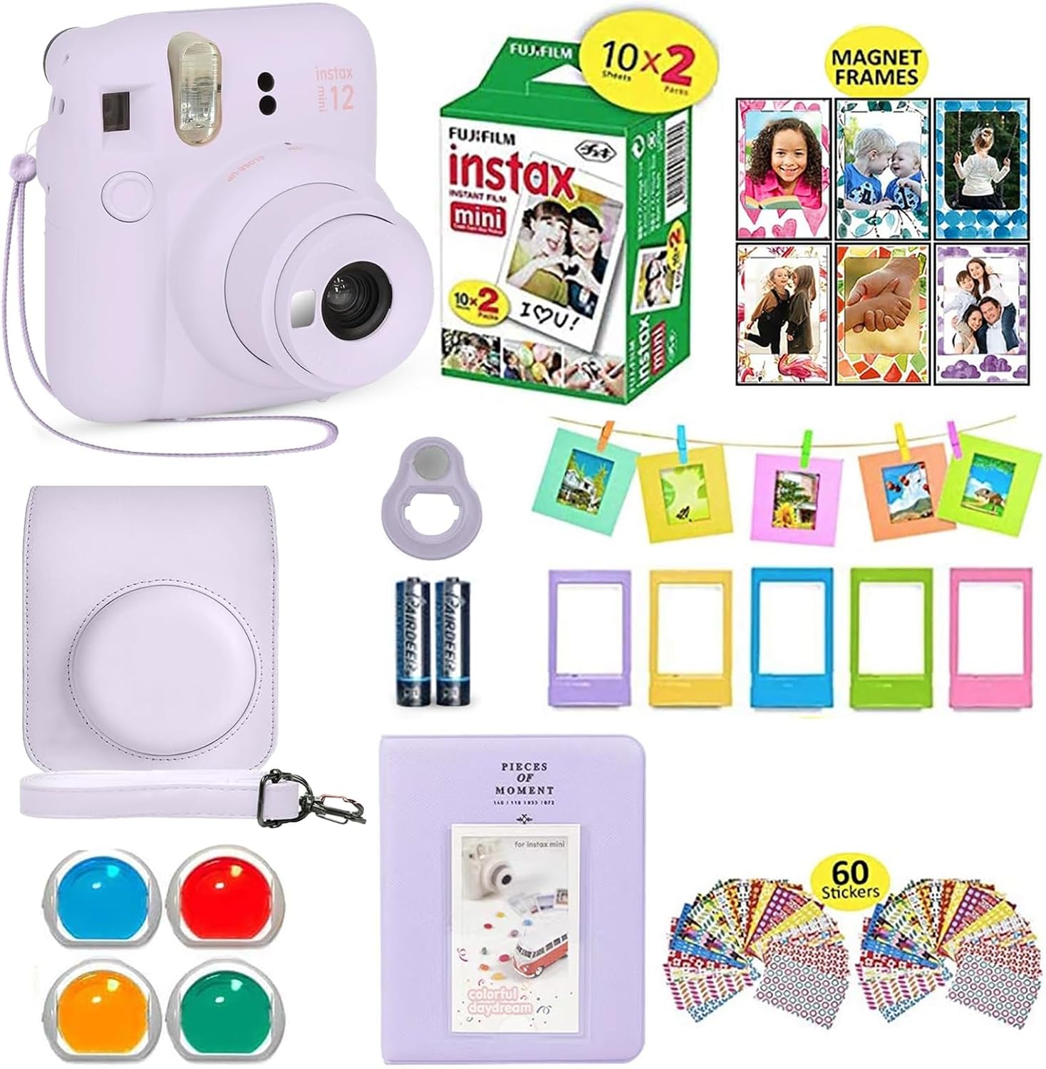 Instax Mini 12 Instant Camera Lilac Purple + Shutter Compatible Carrying Case + Fuji Film Value Pack (20 Sheets) +