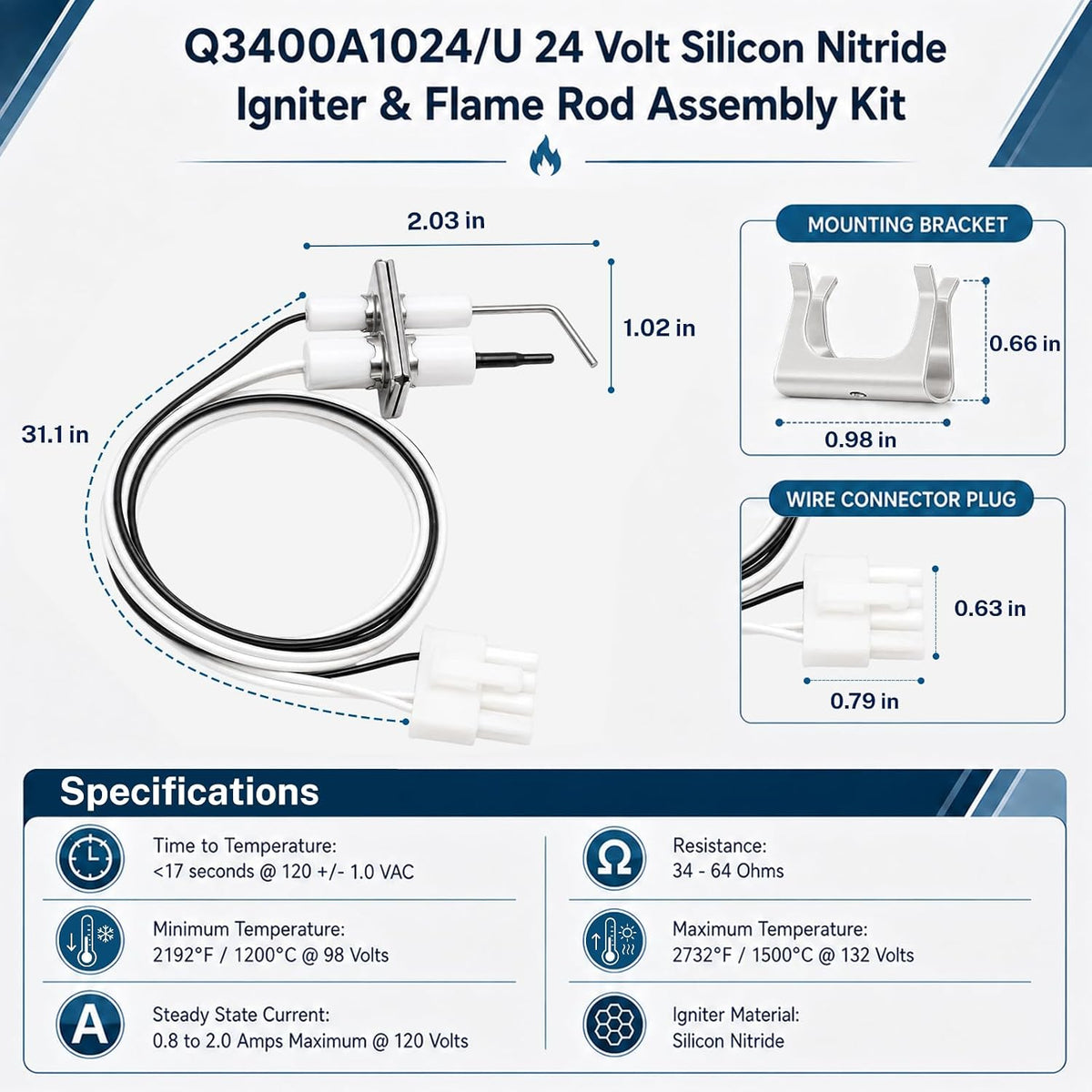 Q3400A1024/U 24 Volt Silicon Nitride Igniter & Flame Rod Assembly Kit Fit for Honeywell Furnace Ignitor, Replaces for GPQ3400A 1024 342640-001 PIT0207 B140101, Durable, Convenient, Safe and Reliable