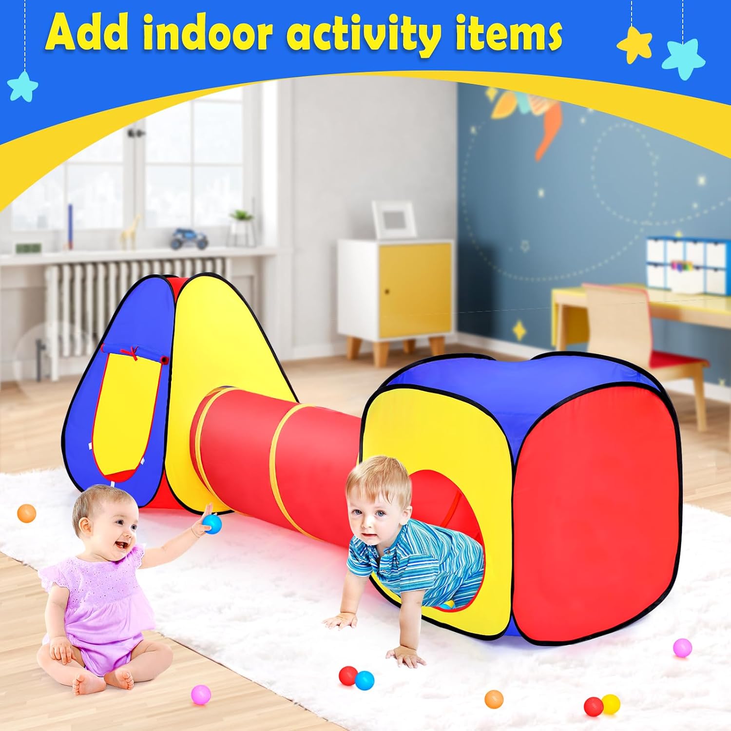Kids Play Tent with Ball Pit and Crawl Tunnel Toddlers Playhouse Gift Toy | 3 in 1 Colorful Pop Up Play Fort