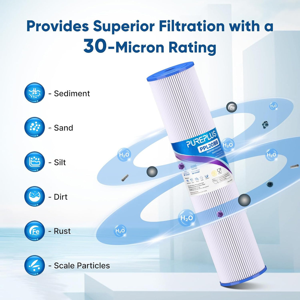 PUREPLUS 30 Micron 20"x4.5" Whole House Pleated Sediment Filter, 2 Pack