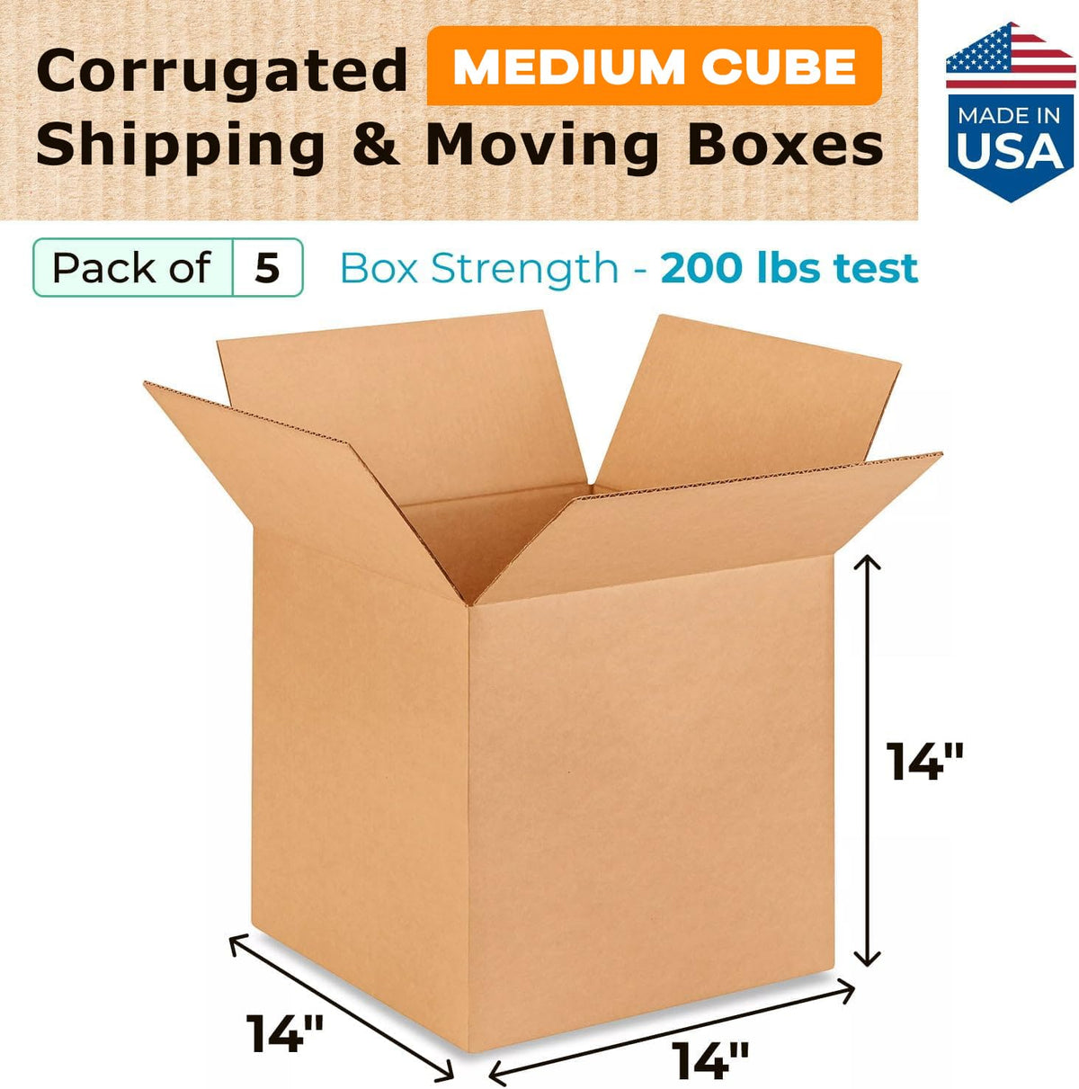 Medium Cube Moving & Shipping Boxes 14 x 14 x 14 inches (5-Pack) - Extra Strength 200 lb vs Regular - Corrugated
