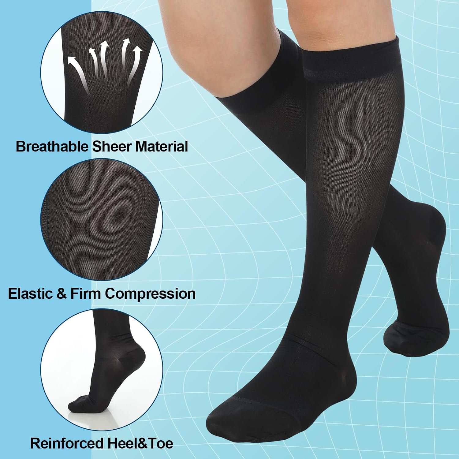 3 Pairs Sheer Compression Socks 20-30 Mmhg Knee High Compression Stockings Support Hose for Women