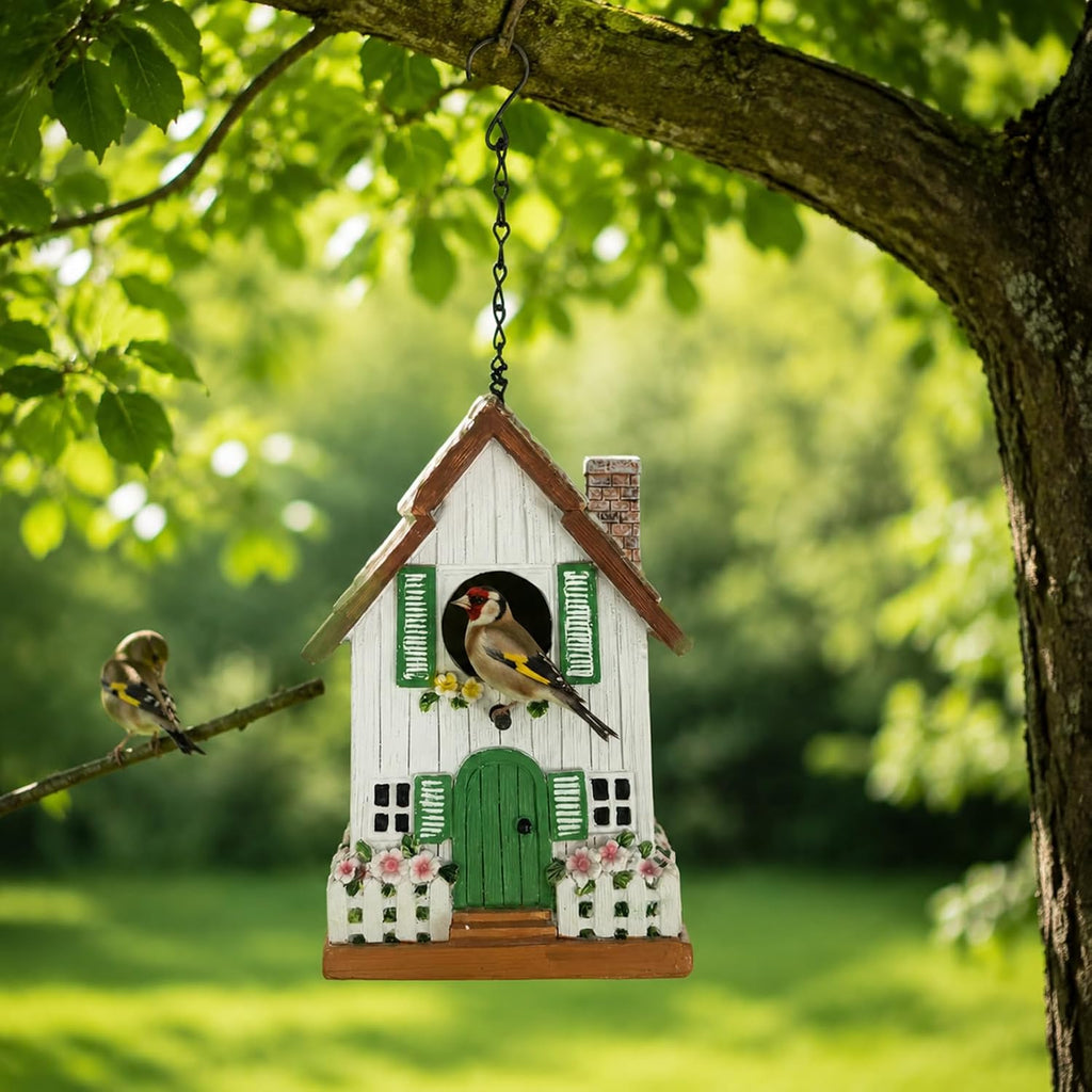Bird Houses for Outside, Rustic Cottage Hanging Birdhouse with Thatch Roof, Hand-Painted Resin Hummingbird House
