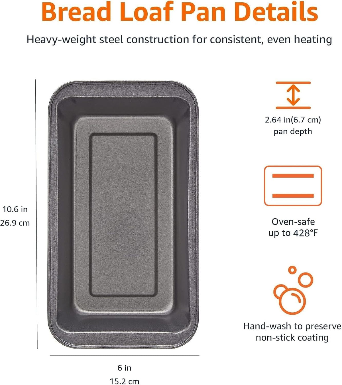 Rectangular Nonstick Bread Loaf Pan for Baking Meatloaf with Even Heat Distribution, 9.5 x 5 Inch, Gray, Set of 2