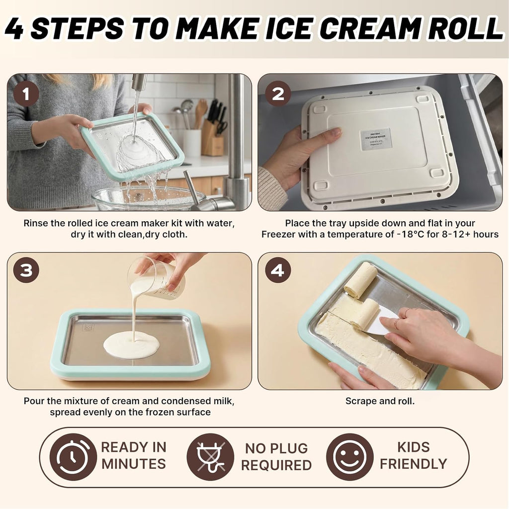 Rolled Ice Cream Maker Kit with Lid and 2 Spatulas, Rolled Ice Cream Tray