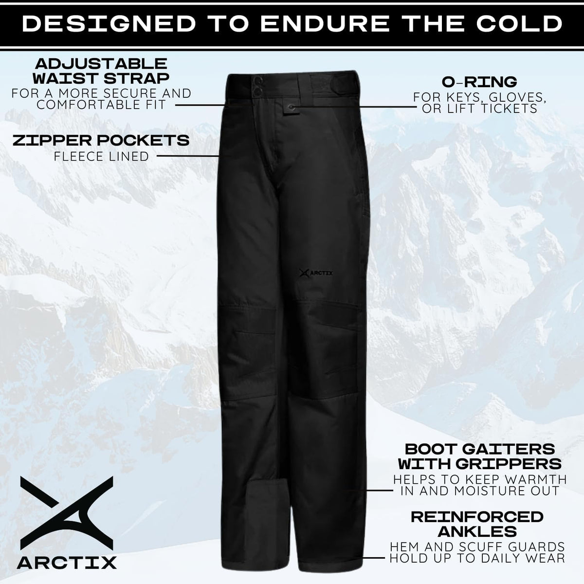 Kids Snow Pants with Reinforced Knees and Seat, Black, Small