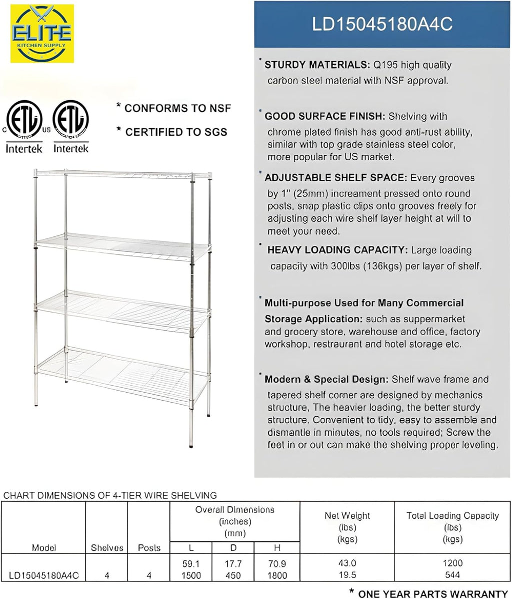 Commercial Chrome Wire Shelving Rack, All Stainless-steel Heavy Duty 4 Tier Wire Shelf W60xD18xH71