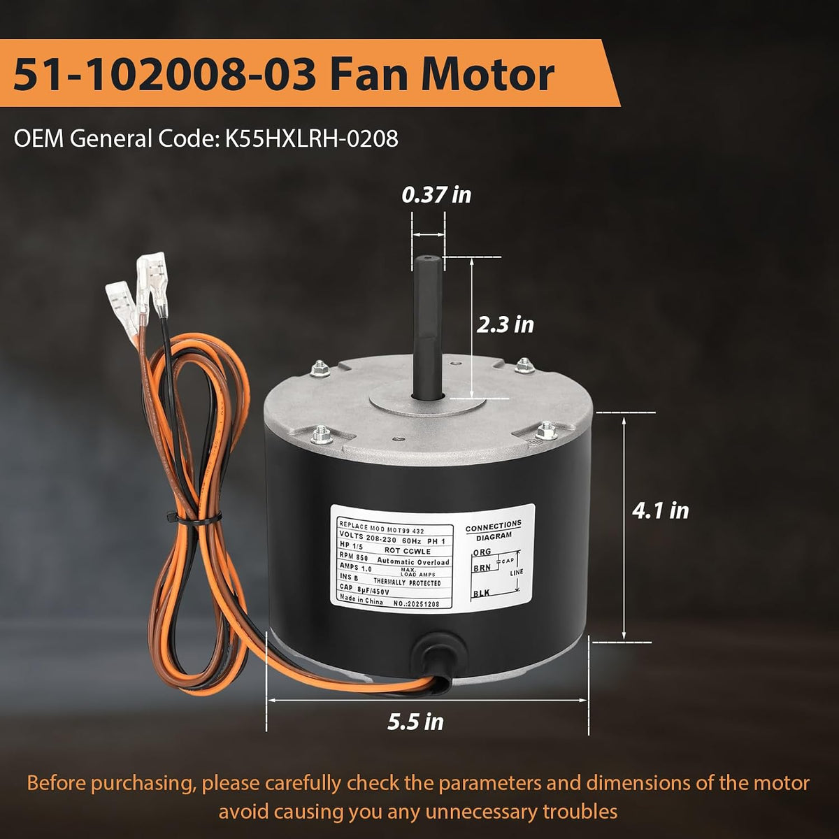 51-102008-03 Fan Motor, Replaces for Rheem 51-102500-04 51-101774-03 Motor