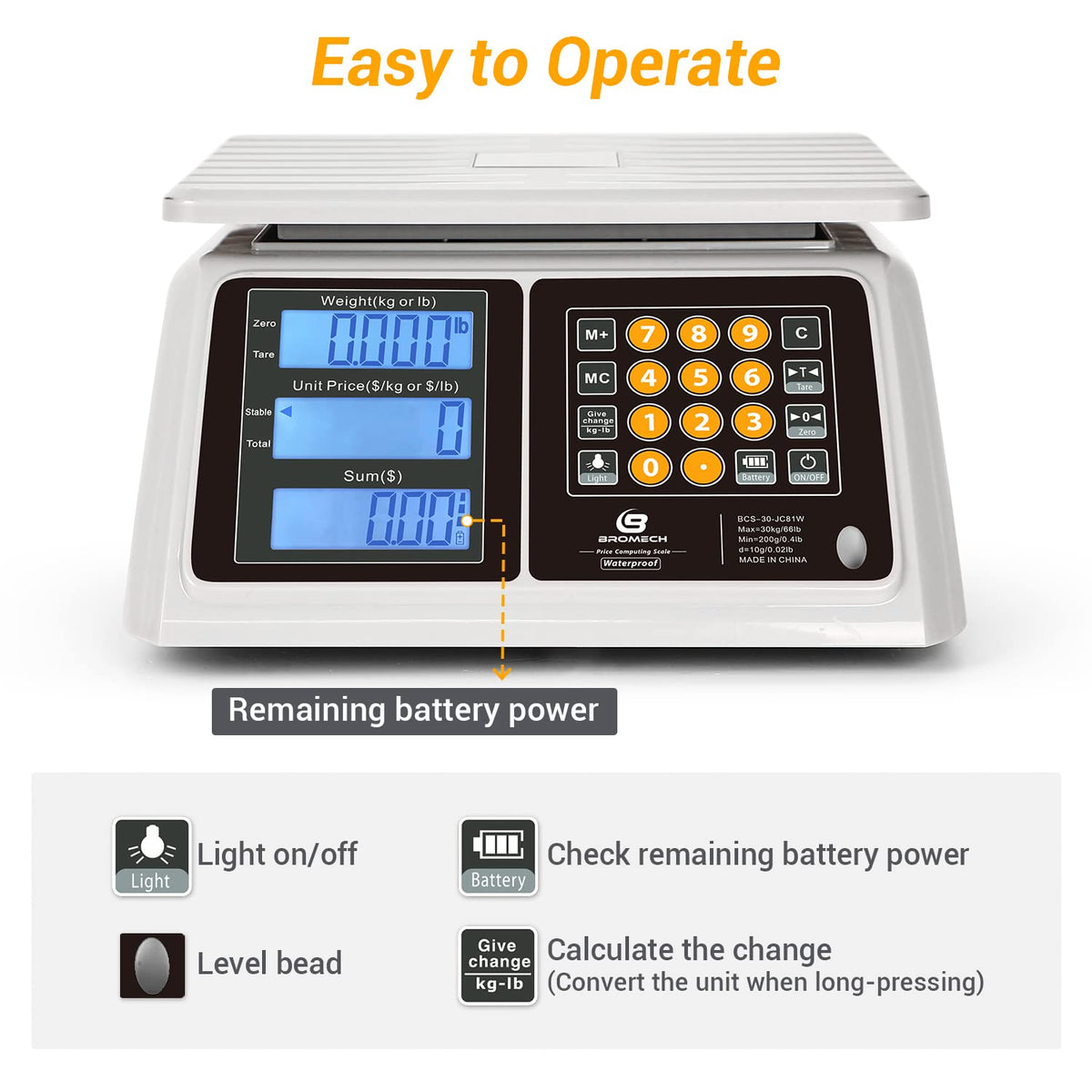 Waterproof Commercial Food Scale 66lb with Price Computing