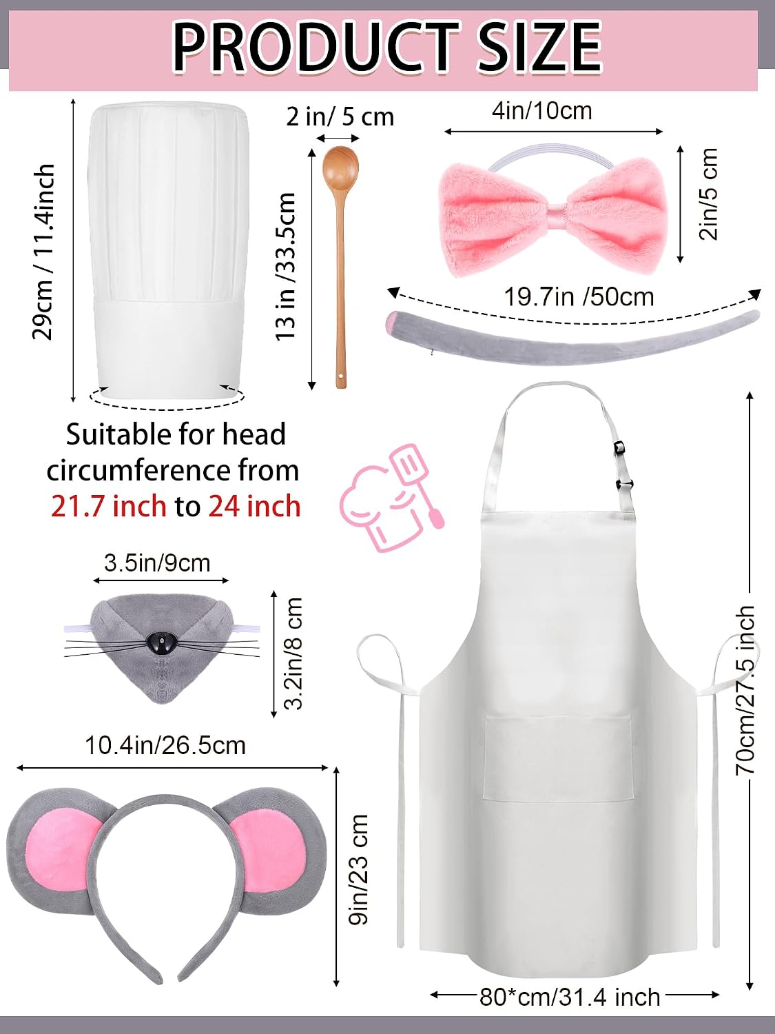 10 Pcs Halloween Mouse Chef Couple Costume Accessories Tutu Skirt Chef Hat Apron for Halloween Cosplay Party