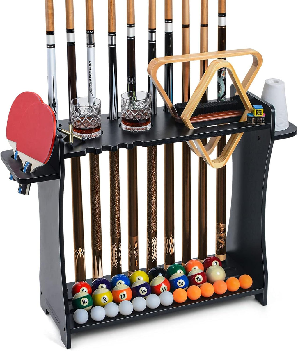 Pool Cue Rack Holder, 10 Cue Stick Stand with Billiard Accessories Storage | Multi-Functional Pool Stick & Billiard