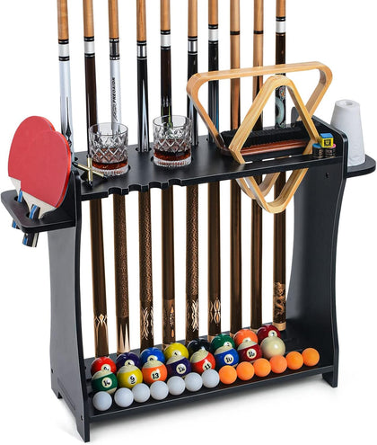 Pool Cue Rack Holder, 10 Cue Stick Stand with Billiard Accessories Storage | Multi-Functional Pool Stick & Billiard