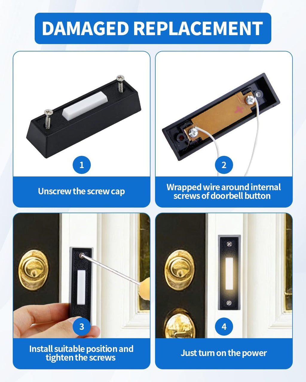Lighted Doorbell Button, Wired Door Bell Push Button Replacement Door Bell Push Buttons LED Door Chime Wall Mounted