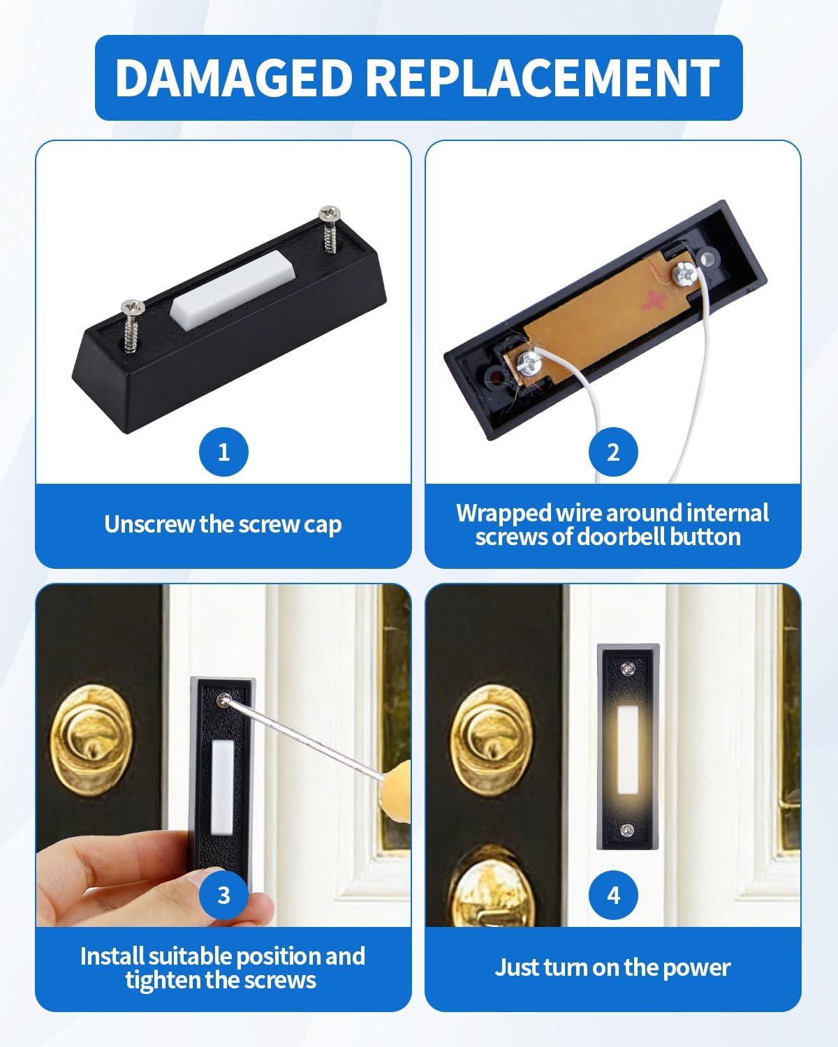 Lighted Doorbell Button, Wired Door Bell Push Button Replacement Door Bell Push Buttons LED Door Chime Wall Mounted