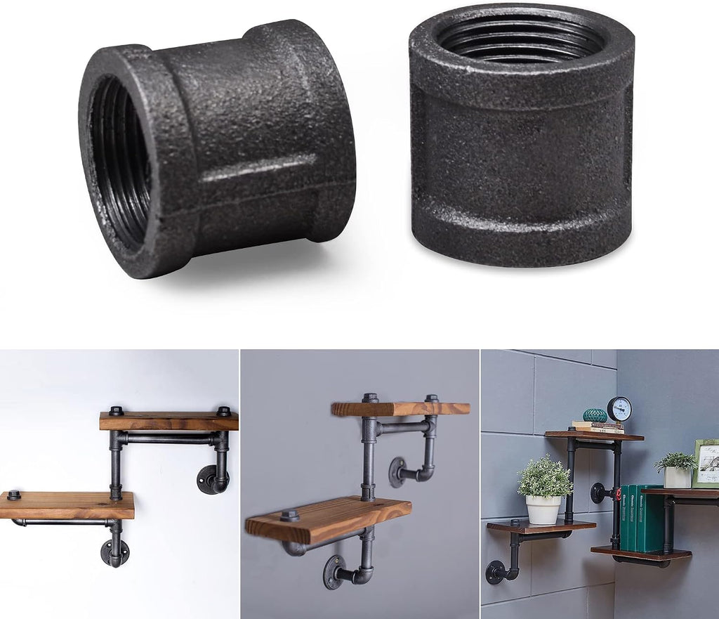 DSDS 20 PACK 1/2" Socket Pipe Coupling, Rustic Industrial Black Malleable Iron Pipe Coupling Socket for Pipe Shelf Furniture Home Decor