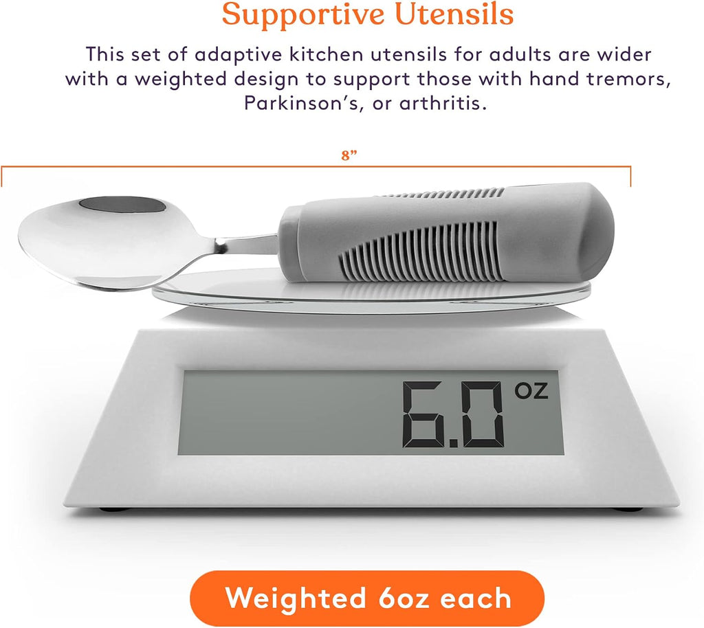 Adaptive Utensils (4-Piece Kitchen Set) Weighted, Non-Slip Handles for Hand Tremors, Arthritis, Parkinson’s Elderly