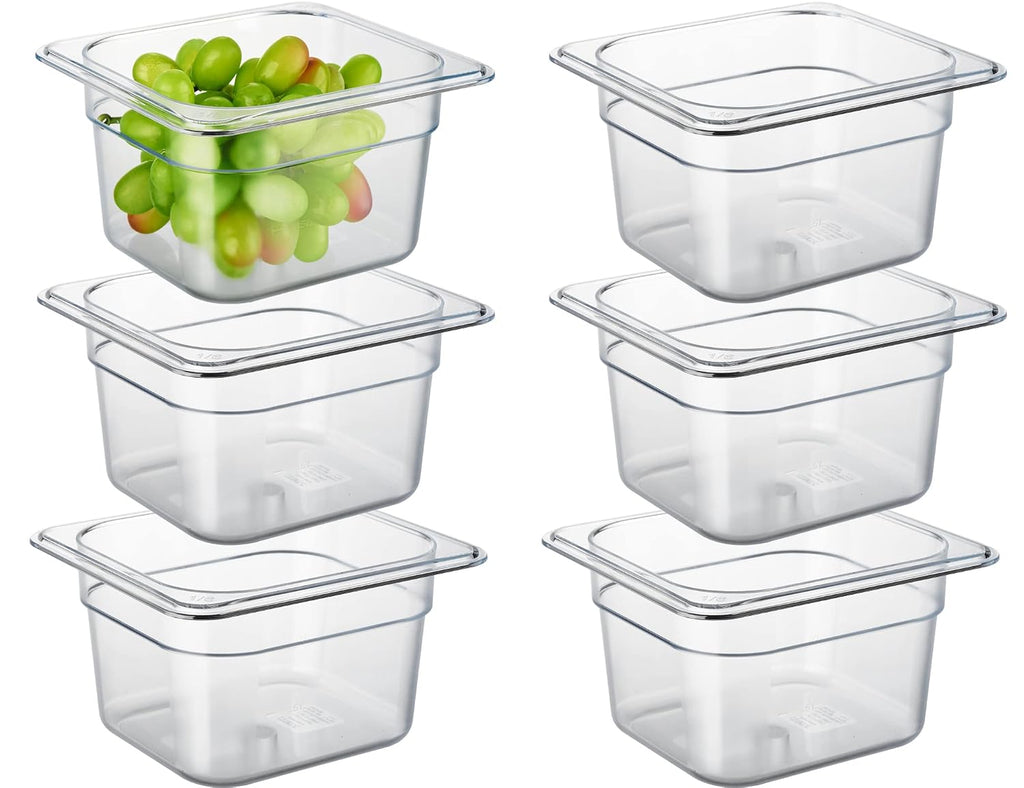 6-Pack 1/6 Size 4" Deep NSF Polycarbonate Food Pans | Dishwasher & Freezer Safe Clear Container for Prep Tables