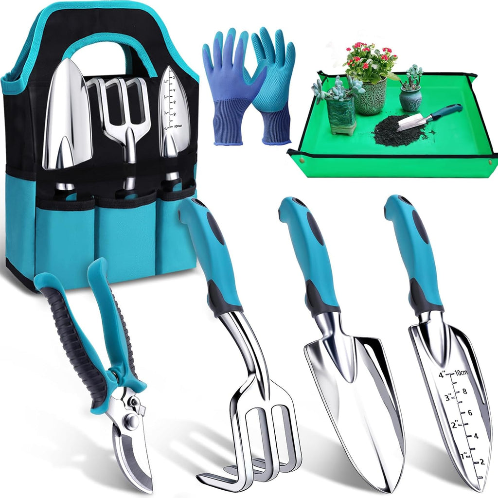 7-Piece Gardening Tools Set, Heavy Duty Garden Tools Kit with Garden Trowel, Garden Hand Shovel, Repotting Mat, Rust