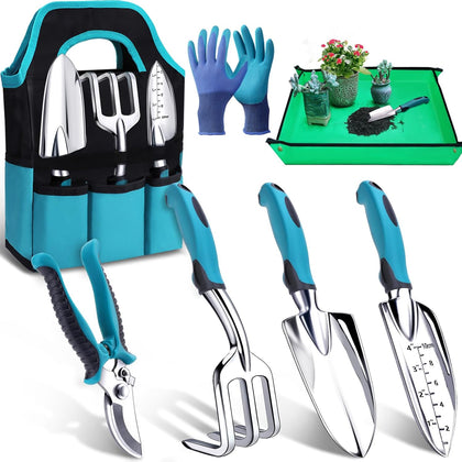 7-Piece Gardening Tools Set, Heavy Duty Garden Tools Kit with Garden Trowel, Garden Hand Shovel, Repotting Mat, Rust