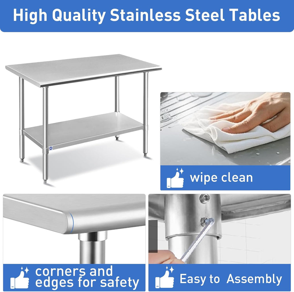 Stainless Steel Table for Prep & Work 24x48 Inches, NSF Metal Commercial Kitchen Heavy Duty Table with Adjustable
