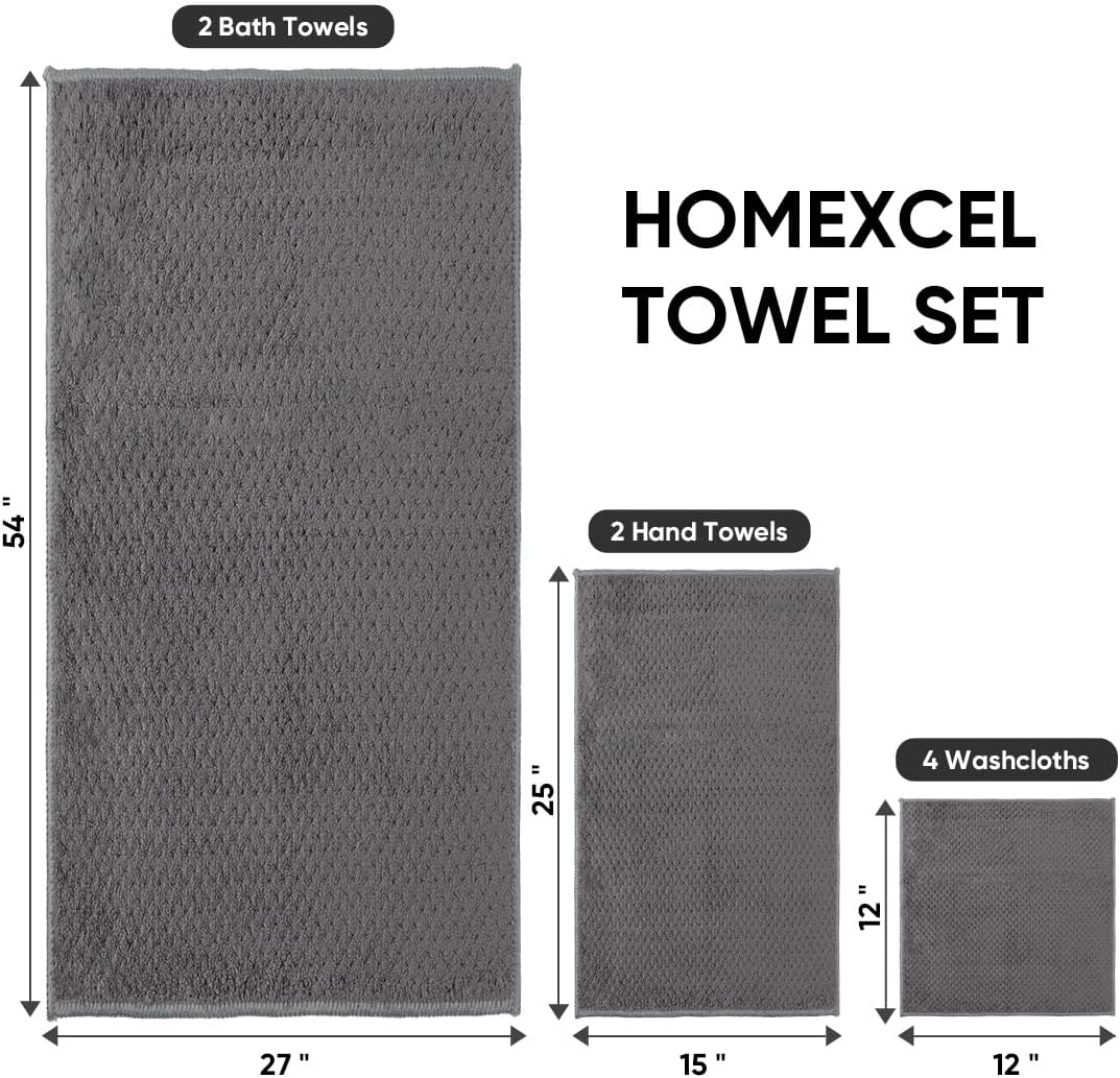 8PK Bath Towel Set, Soft Absorbent, 2 Bath, 2 Hand, 4 Wash, Grey | Light Weight, Quick Drying Towel Set for Bathroom