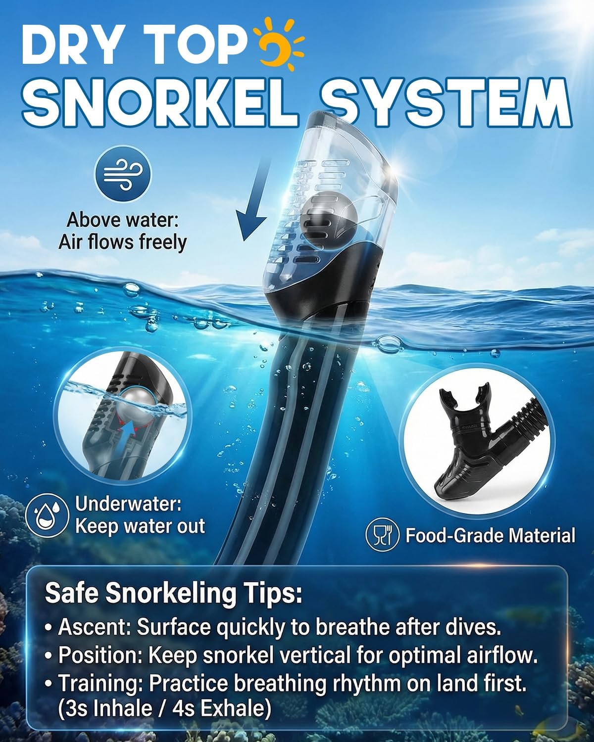 Snorkel Set for Adults, Snorkel Mask with Dry Snorkel, 180° Panoramic Anti-Fog and Anti-Leak, Diving Mask for
