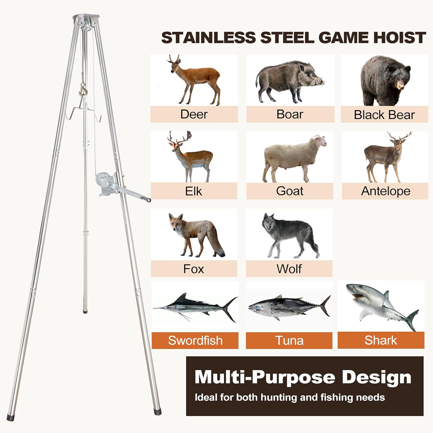 Deer Game Hoist Tripod Hanger Rack with Gambrel and Manual Winch