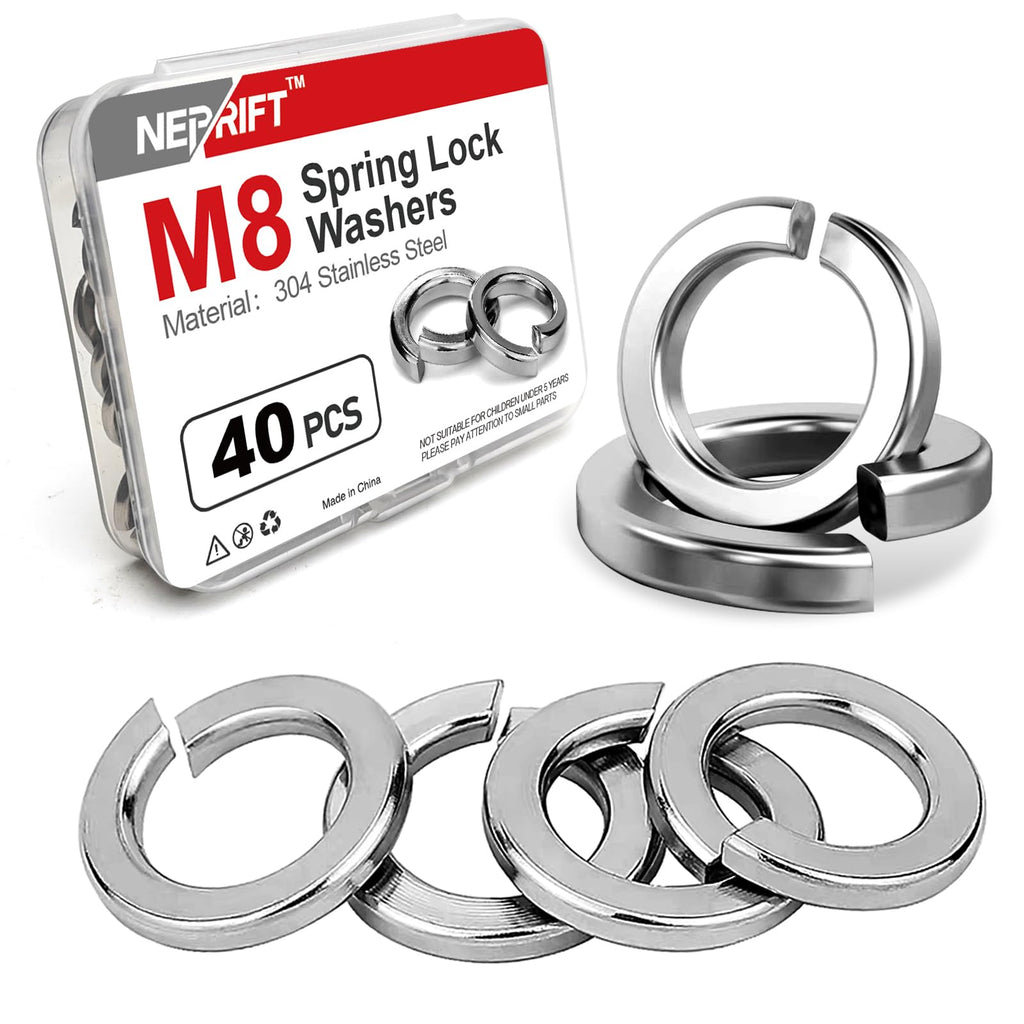 Neprift 40PCS M8 Spring Lock Washers, Stainless Steel Split Washers