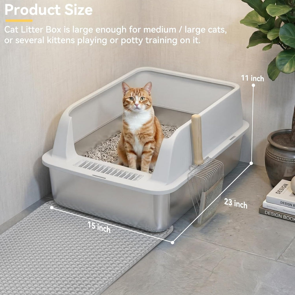 Stainless Steel Litter Box, XL High Sided Enclosed Cat Litter Boxes with Lid for Big Cats, Anti-Urine Leakage