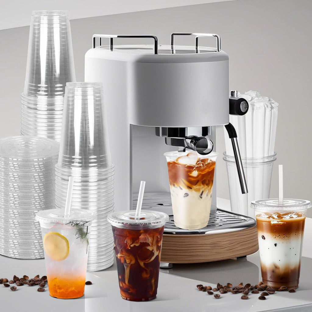 100 Sets- 20 oz Clear Plastic Cups with Lids and Straws