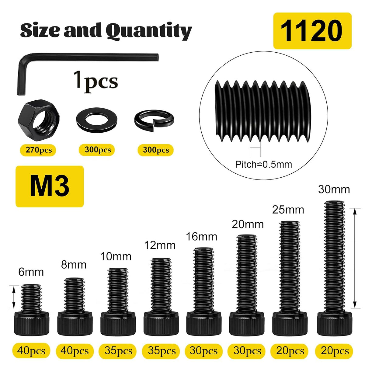 1120PCS M3 Socket Screws Assortment Kit,M3x6/8/10/12/16/20/25/30 mm