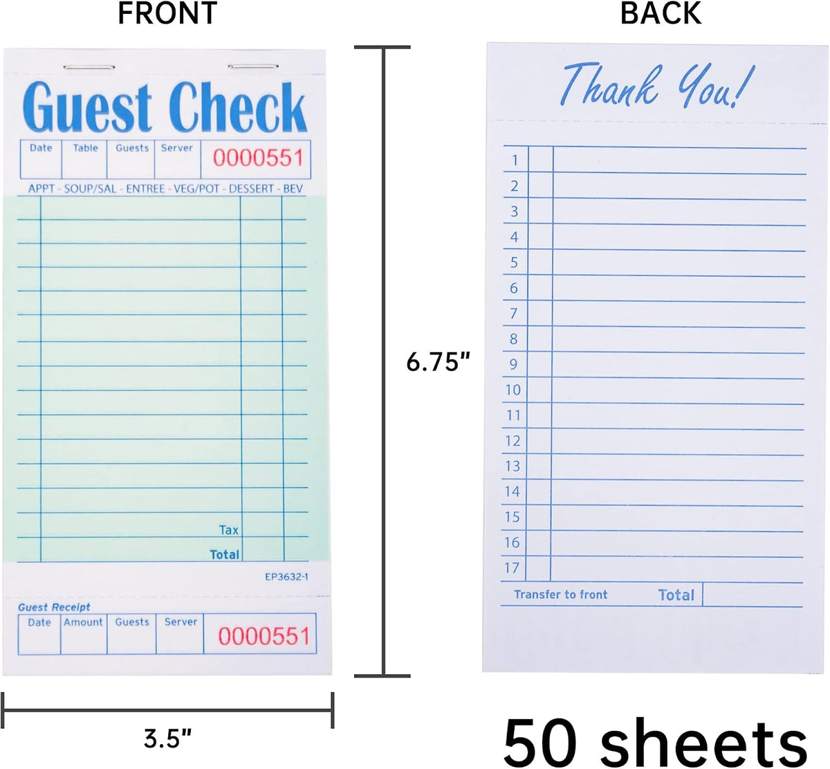 Guest Check Pads for Servers (Green-20 pads), 50 Sheets/Pad