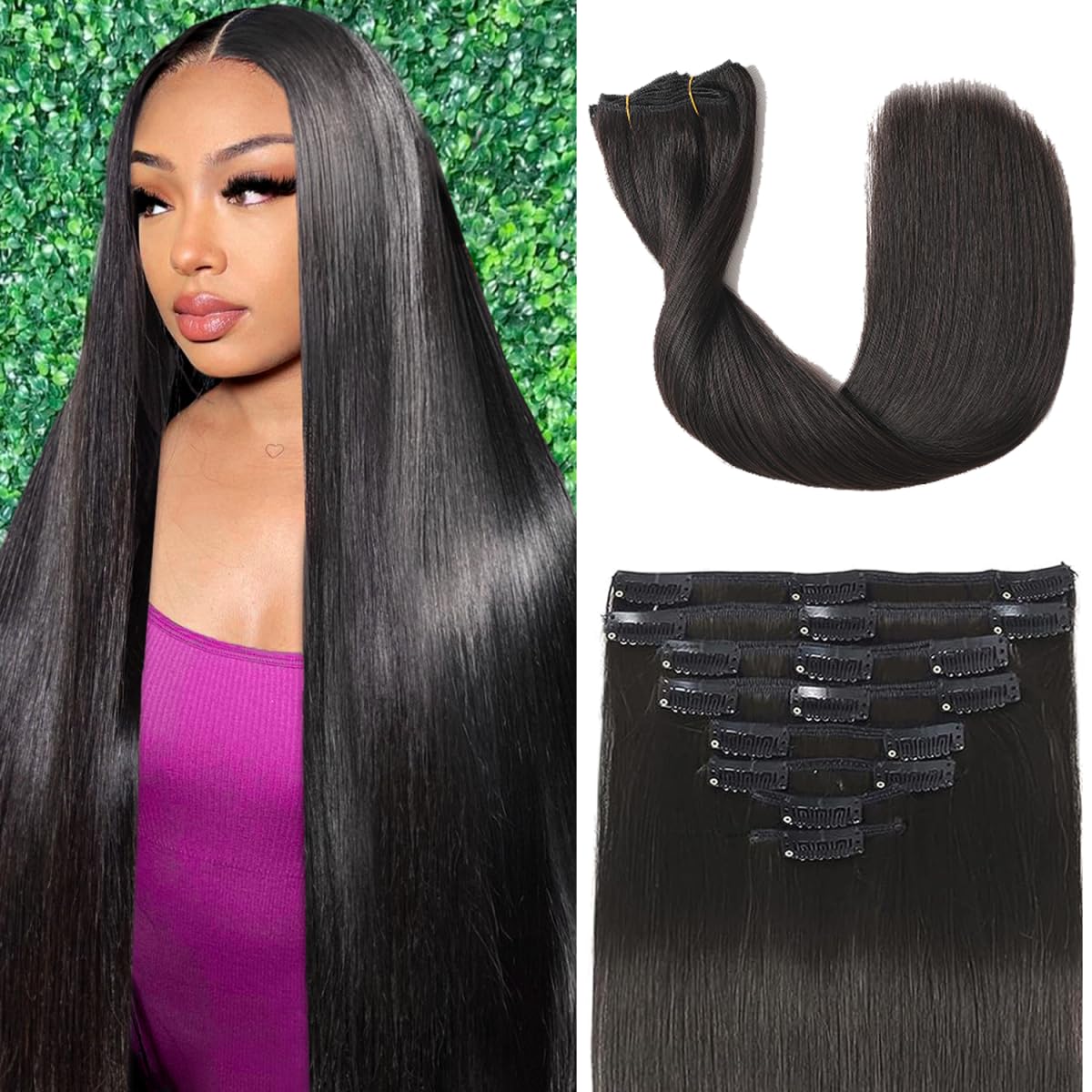 Clip in Hair Extensions Real Human Hair, 100g/3.6oz, Clip in 100% Brazilian Remy Human Hair Extension for Women