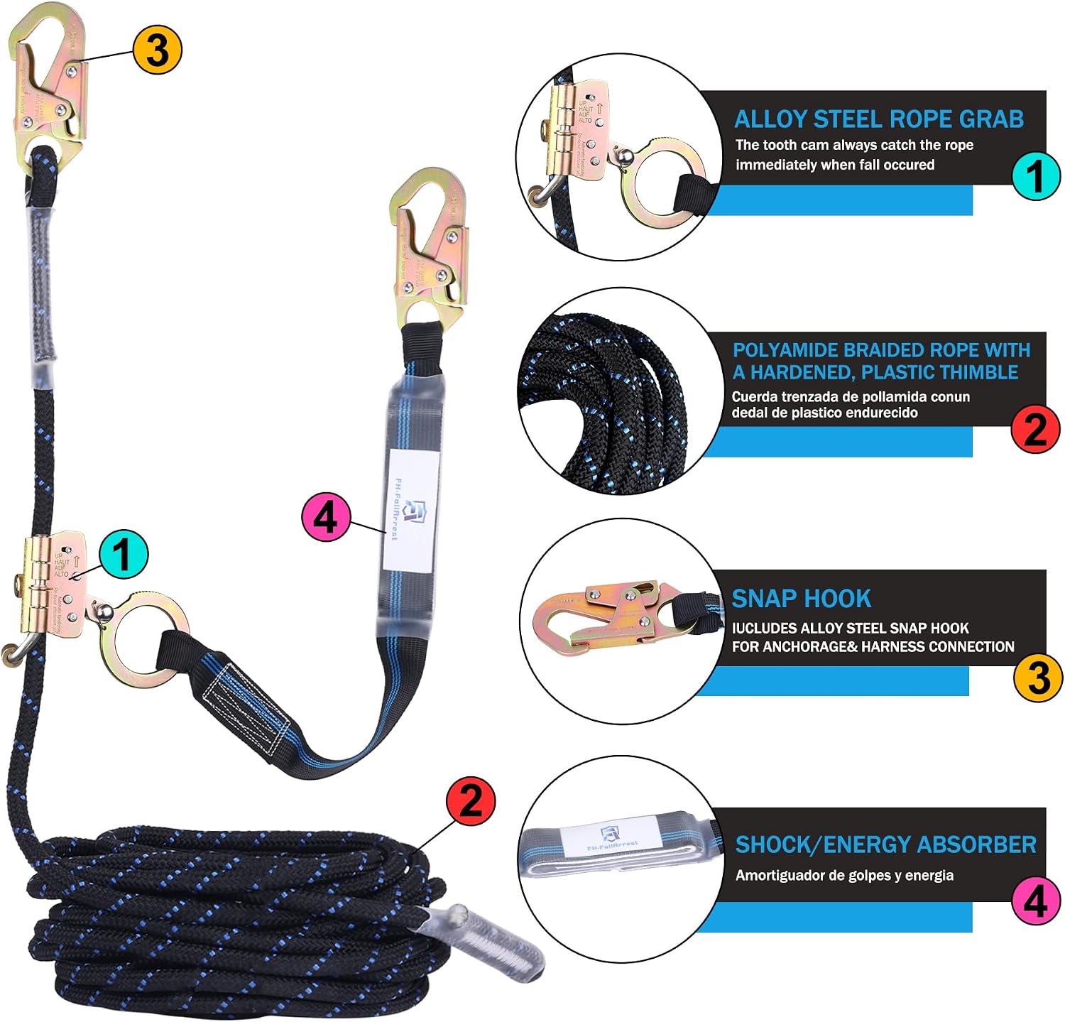 50FT Vertical Lifeline Assembly with Alloy Steel Anti-Panic Rope Grab Snap Hook Shock Absorb Lanyard, Fall Protection