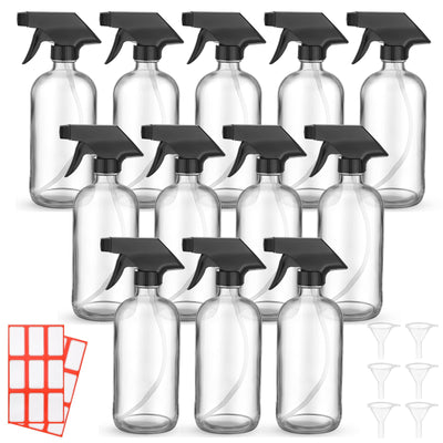 12 Pcs 8 oz Glass Spray Bottles, Funnels and Labels, Clear, Classic